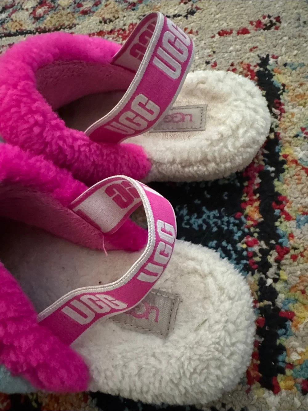 UGG Kids Rainbow Faux-Sherpa Slide Sandals - Pink, Blue, Yellow, Cream